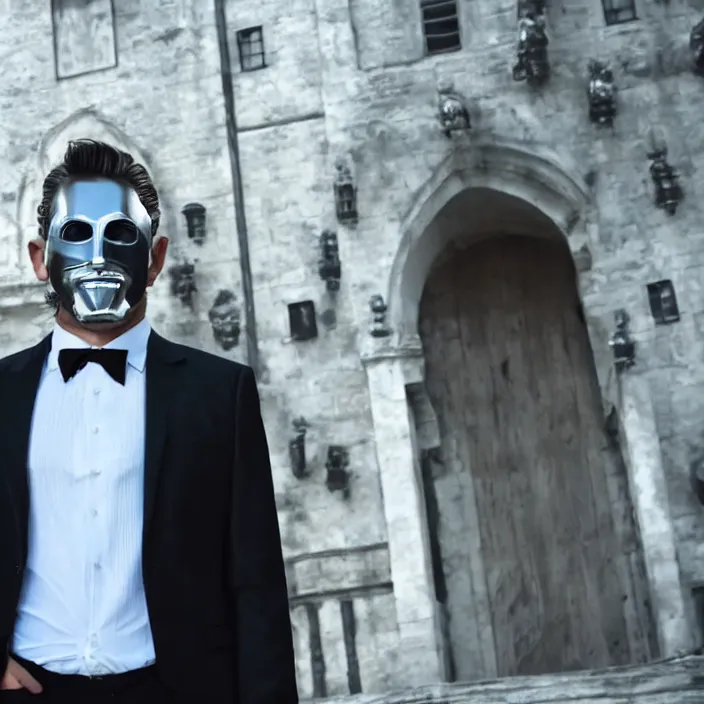 Image similar to cinematic movie, background is castle and steps, with a man wearing a silver melt mask, silver wavy long hair, black suit, 4 k