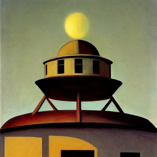 Image similar to giant mechanical eye being lowered through the roof of a dome - shaped control center, grant wood, pj crook, edward hopper, oil on canvas