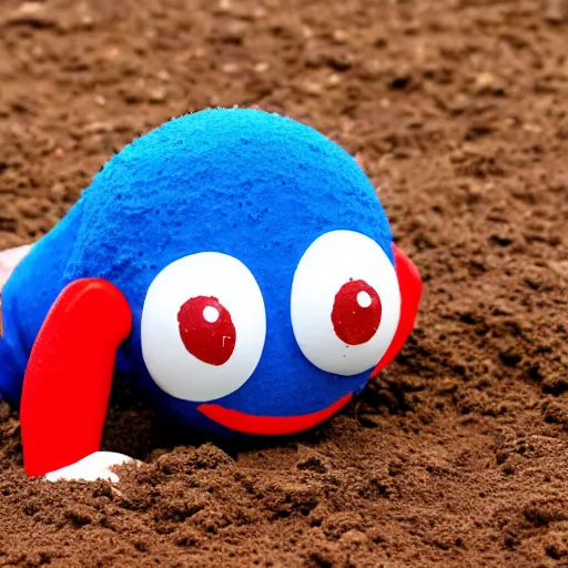 Image similar to photo of a ball of dirt with tiny legs, round blue eyes, a red clown nose, and a cute smile, creature made of dirt and soil