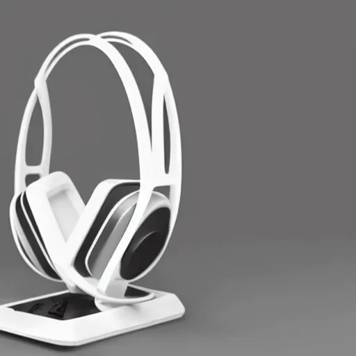Image similar to wireless headphone stand, futuristic, techno, cyberpunk, product design, render, cute, swag, geometric, fun