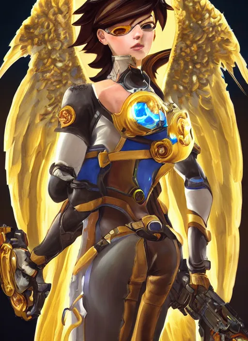 KREA - full body oil painting of tracer overwatch in the style of artgerm,  angel wings, angelic golden armor, dramatic painting, symmetrical  composition, ornate, high detail, gold detailed collar!!!!!, blooming,  lights, flowers