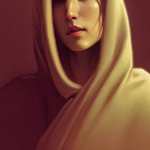 Image similar to Portrait of a woman wearing a hooded robe, medium shot, intricate, elegant, highly detailed, digital painting, artstation, concept art, smooth, sharp focus, illustration, art by artgerm and greg rutkowski and alphonse mucha, by beksinski