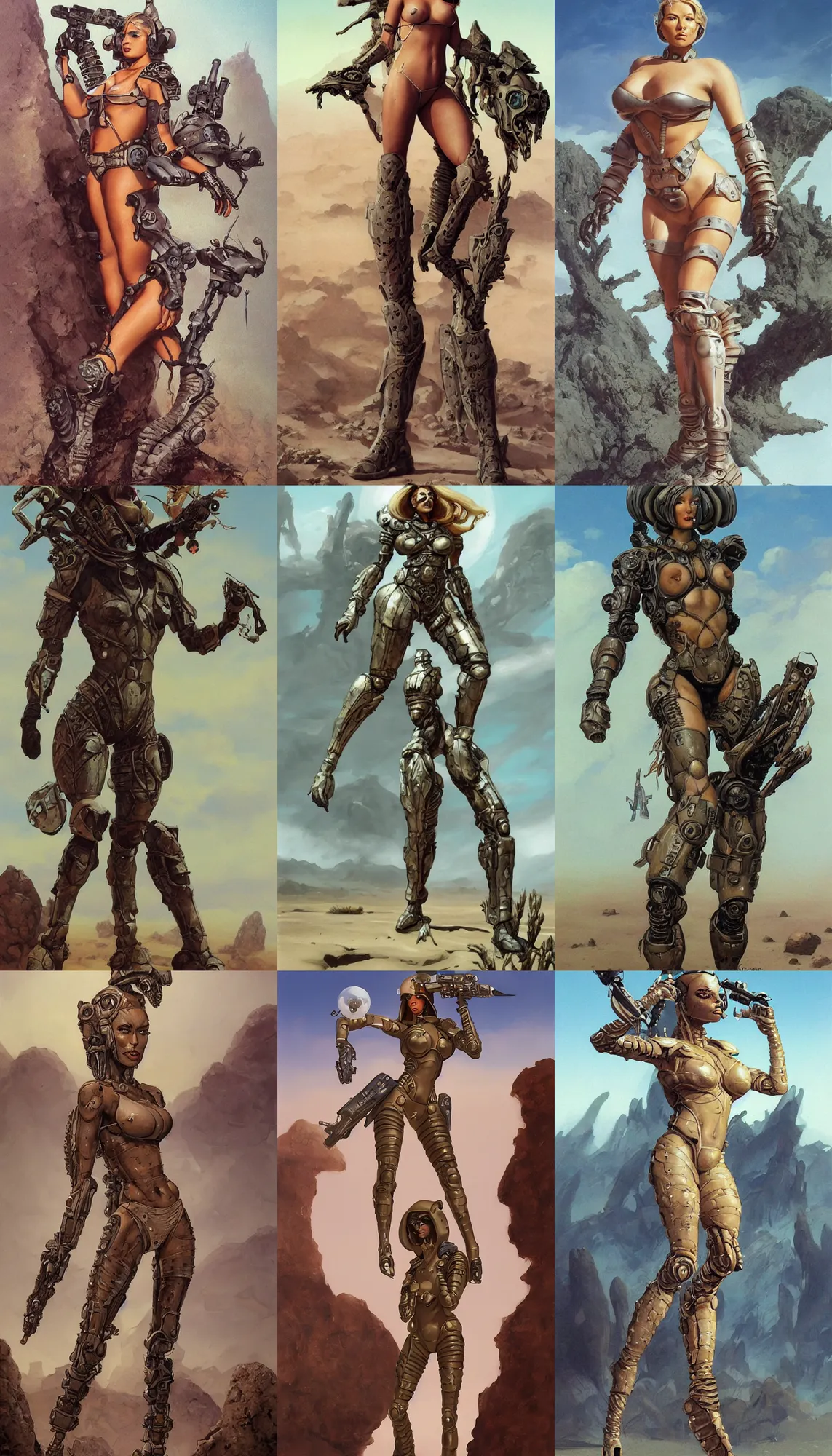 Prompt: A mixed media portrait painting of a beautiful woman posing on an alien plant in a barren desert, soldier, curvy, futuristic sci-fi armored bikini and boots, detailed Aesthetic! face and eyes, slavic, by Boris Vallejo, Beeple, Frank Frazetta, Greg Rutkowski, Christian MacNevin, epic fantasy character art, high fantasy, CGsociety, 60's Sci-fi Pinup style, exquisite detail, post-processing, masterpiece, cinematic, crysis
