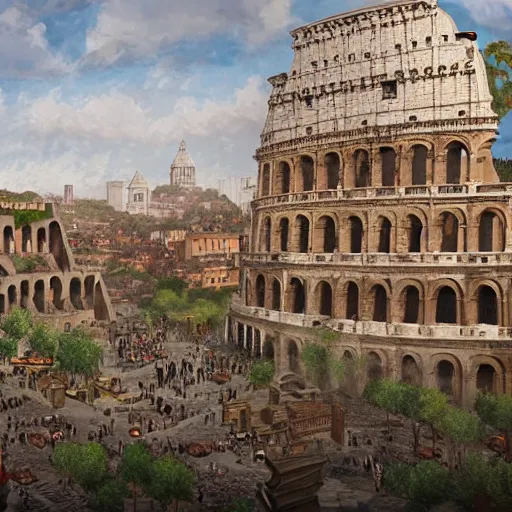 Image similar to busy d & d city that resembles rome and has a colosseum in its center, artstation