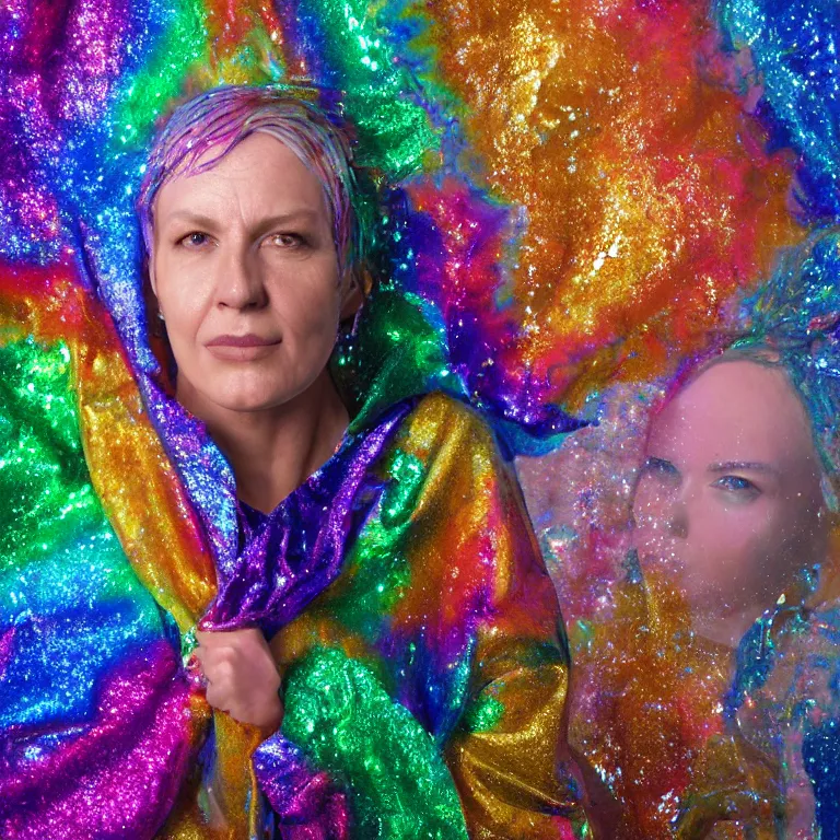 Image similar to octane render portrait by wayne barlow and carlo crivelli and glenn fabry, a woman wearing a clear plastic suit full of colorful thick fluid full of glitter, standing in front of a giant sheet of tie - dye aluminum foil, cinema 4 d, ray traced lighting, very short depth of field, bokeh