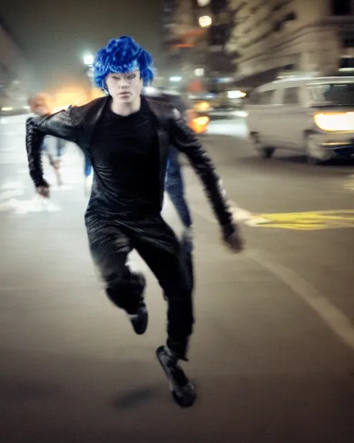 Image similar to photo of evan peters, as quicksilver, racing at hyper speed thru the streets of nyc. ever thing is a blur via long exposure like effect, but he is in sharp focus.