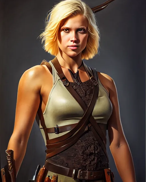 Image similar to full body character art of beautiful female huntress, pretty face, symmetrical features, short blonde hair, by james gurney, volumetric lighting, detailed, oil painting