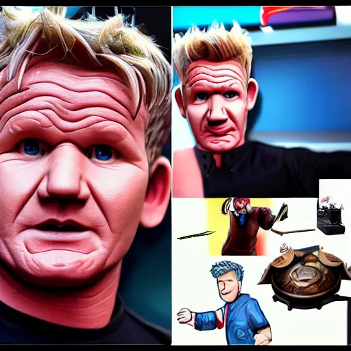 Image similar to Gordon Ramsay as a character in the game League of Legends, with a background based on the game League of Legends, detailed face