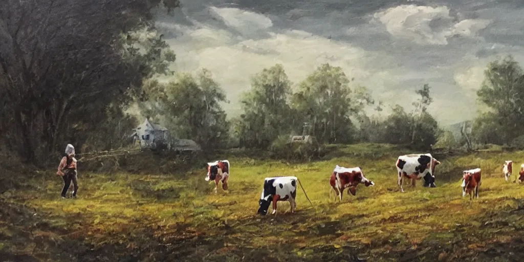 Prompt: a ufo stealing cows, painting