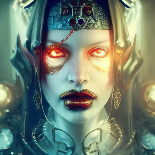 Image similar to queen of death. intricate portrait, occult cyberpunk, ancient futuristic, dark art, occult. by Petros Afshar, by artgerm, by Eddie Mendoza, by Peter mohrbacher, octane render, 3d, unreal engine, depth of field, bokeh, motion blur, blur