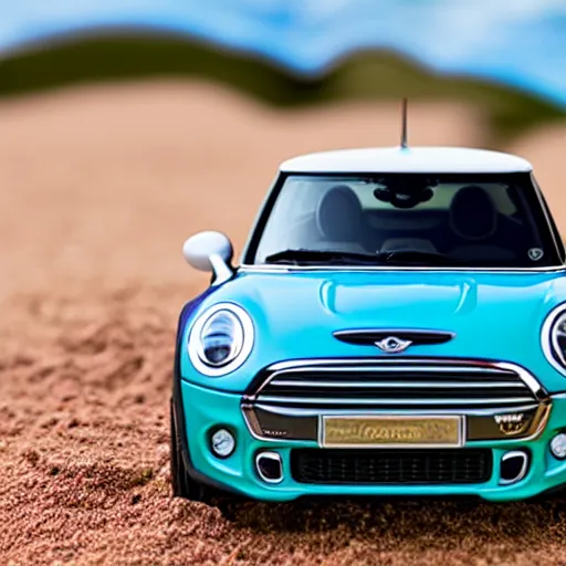 Image similar to a 4 k photorealistic photo of a miniature mini cooper car on a sandy beach, natural lighting, outdoors, highly detailed macro photography, shallow depth of field, full shot