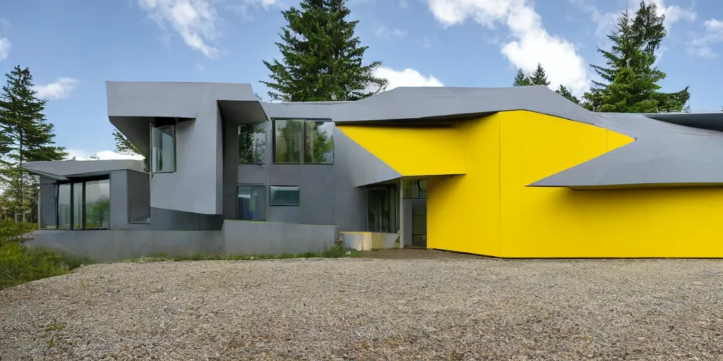 Prompt: large futuristic residence, yellow and blue metal, gray concrete, many large green windows, pacific northwest, triangular and rectangular elements