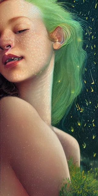 Prompt: infp young woman, smiling amazed, golden fireflies lights, amidst of nature fully covered, long red hair, intricate linework, accurate green eyes, small nose with freckles, oval shape face, realistic, expressive emotions, dramatic lights mystical scene, hyper realistic ultrafine art by artemisia gentileschi, caravaggio, jessica rossier, boris vallejo