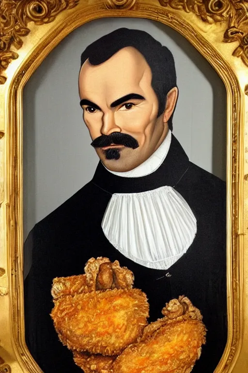 Image similar to a 1 6 0 0 s framed portrait painting of burt reynolds holding a bucket of fried chicken, intricate, elegant, highly detailed