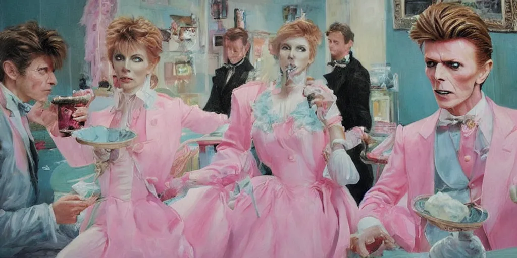 Image similar to 3 d david bowie, dressed in a pink, white, and teal ballgown, in an ice cream parlor, master painter and art style of noel coypel, art of emile eisman - semenowsky, art of edouard bisson