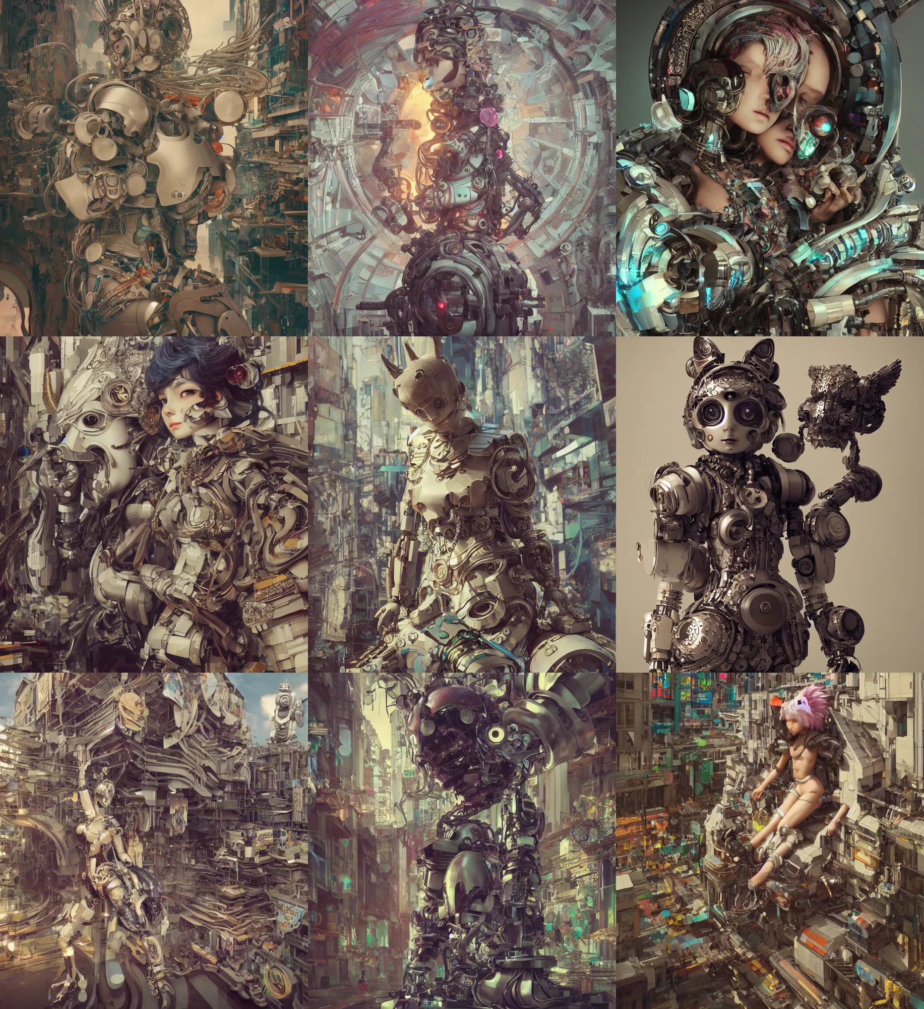 Prompt: 8k octane render ultra photorealistic highly hyperdetailed unreal engine a wooden sculpture ,art toys on feet ,very cute robot mystic with bird and cat ears zen meditation cyberpunk concept art brutalism ,trending on cgsociety ,artwork masterpiece , a on contemporary art gallery and néo Paris by Alphonse Mucha and Lego