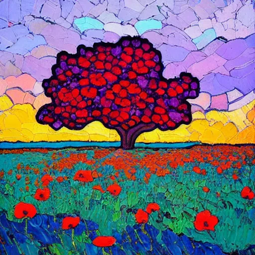 Prompt: a field of poppy flowers with a giant old tree with long shadow at sunset, art by erin hanson, oil painting, muted colors