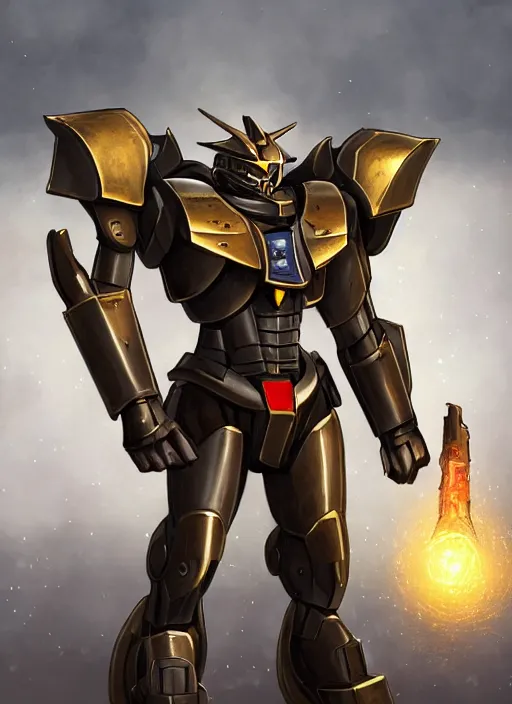 Image similar to medium-length portrait of a male paladin with short curly hair and a salt-and-pepper beard, dark brown skin, happy expression, wears a suit of power armor, magitech!, gundam, an arcane core shining from his chest!, medieval setting, highly detailed, digital painting, (artstation), concept art, sharp focus, illustration, art by greg rutkowski and alphonse mucha