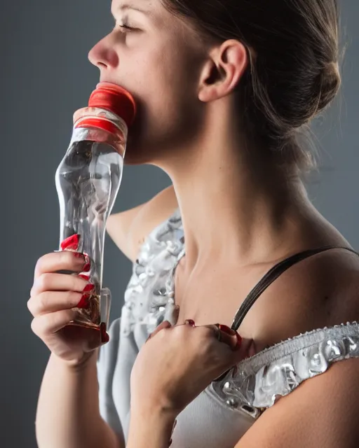 Prompt: A studio portrait of a woman drinking vodka from a bottle, highly detailed, bokeh, 90mm, f/1.4
