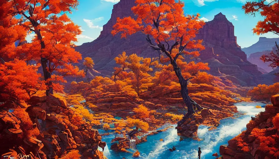 Image similar to single red maple tree growing in grand canyon, stream, tristan eaton, victo ngai, artgerm, rhads, ross draws, highly detailed, masterpiece