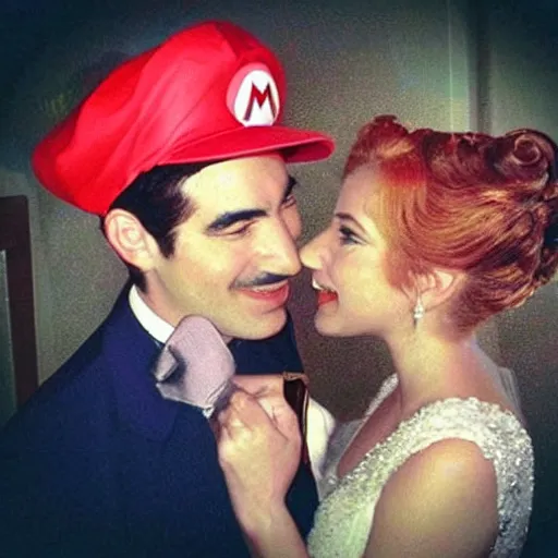 Image similar to “Mario proposing marriage to Princess Peach, he is very nervous and the ring he holds is sparkling”