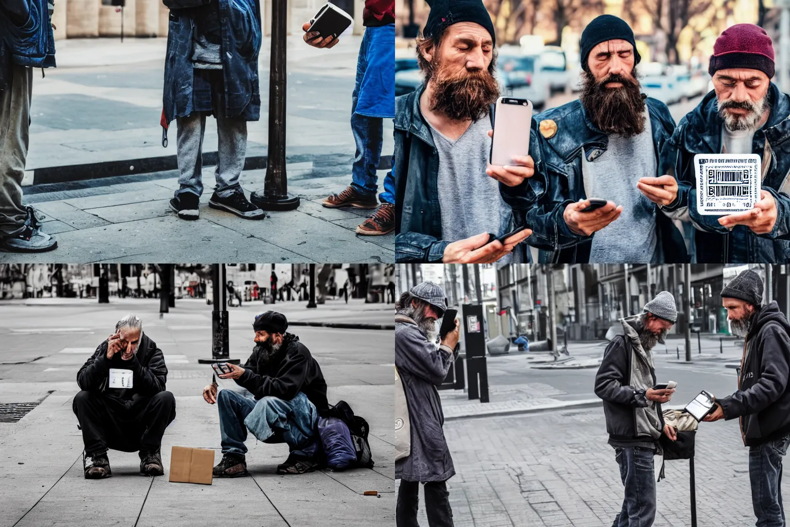 Prompt: two unkept homeless men showing QR codes on their smartphone displays, asking for change, detailed HD photography,