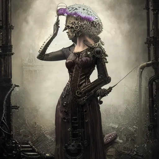 Prompt: rudolf freund dan mumford tom bagshaw, dream world, photorealistic soft paint of a single very beautiful aristocrat full long steampunk armored, ultra deep fog, purple black lustrous thin haircut, partial symmetry accurate features, focus, very intricate ultrafine details, award winning masterpiece, steampunk world