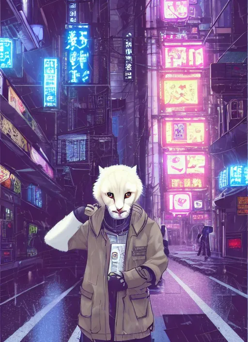 Image similar to character portrait of a male anthro albino mountain lion fursona with a tail and a cute beautiful attractive furry face wearing stylish cyberpunk clothes in a cyberpunk city at night while it rains. hidari, color page, tankoban, 4K, tone mapping, Akihiko Yoshida.