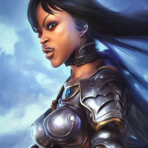 Image similar to jada fire as a fantasy paladin woman, symmetrical portrait, holy glow, by Yoshitaka Amano, Ruan Jia, Kentaro Miura, Artgerm, 8k