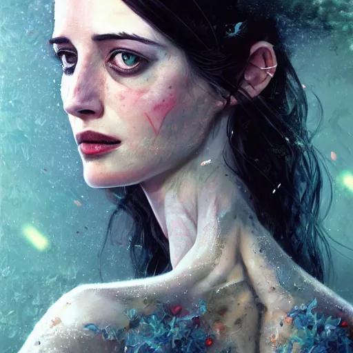 Prompt: Portrait of Eva Green in a post apocalyptic world, overgrown city, fantasy, high detail, elegant, digital painting, natural light, vibrant, intricate, textured skin, highly detailed, artstation, sharp, focus, illustration, by Anna Dittmann, Ilya Kuvshinov, Nikolay Makovsky