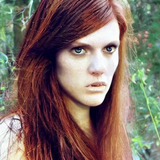 Prompt: a beautiful medium - shot stil of a sexy redhair witch looking info the distance, long curvy hair, beautiful eyes and face, natural soft light failing on her face, by annie leibowitz + primordial magic forrest