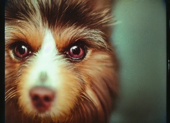 Image similar to a extreme close - up photo, color studio photographic portrait of a little dog bird hybrid, dramatic backlighting, 1 9 7 3 polaroid photo from life magazine,