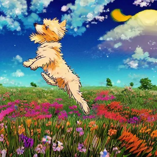 Prompt: A blond Norfolk terrier running and jumping through a field of beautiful flowers in the style of Studio Ghibli, anime, very happy, detailed, award winning