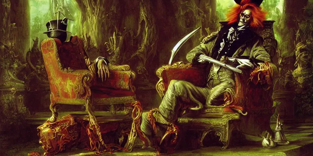 Prompt: the Mad hatter seated on his throne, surrounded by his court, holding his sword stabberwocky, by Thomas Cole and Wayne Barlowe