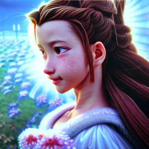 Prompt: a photorealistic detailed cinematic upclose image portrait of aerith gainsborough. powerful, triumph, glory, astonishing, by pinterest, range murata, david a. hardy, kinkade, lisa frank, wpa, public works mural, socialist