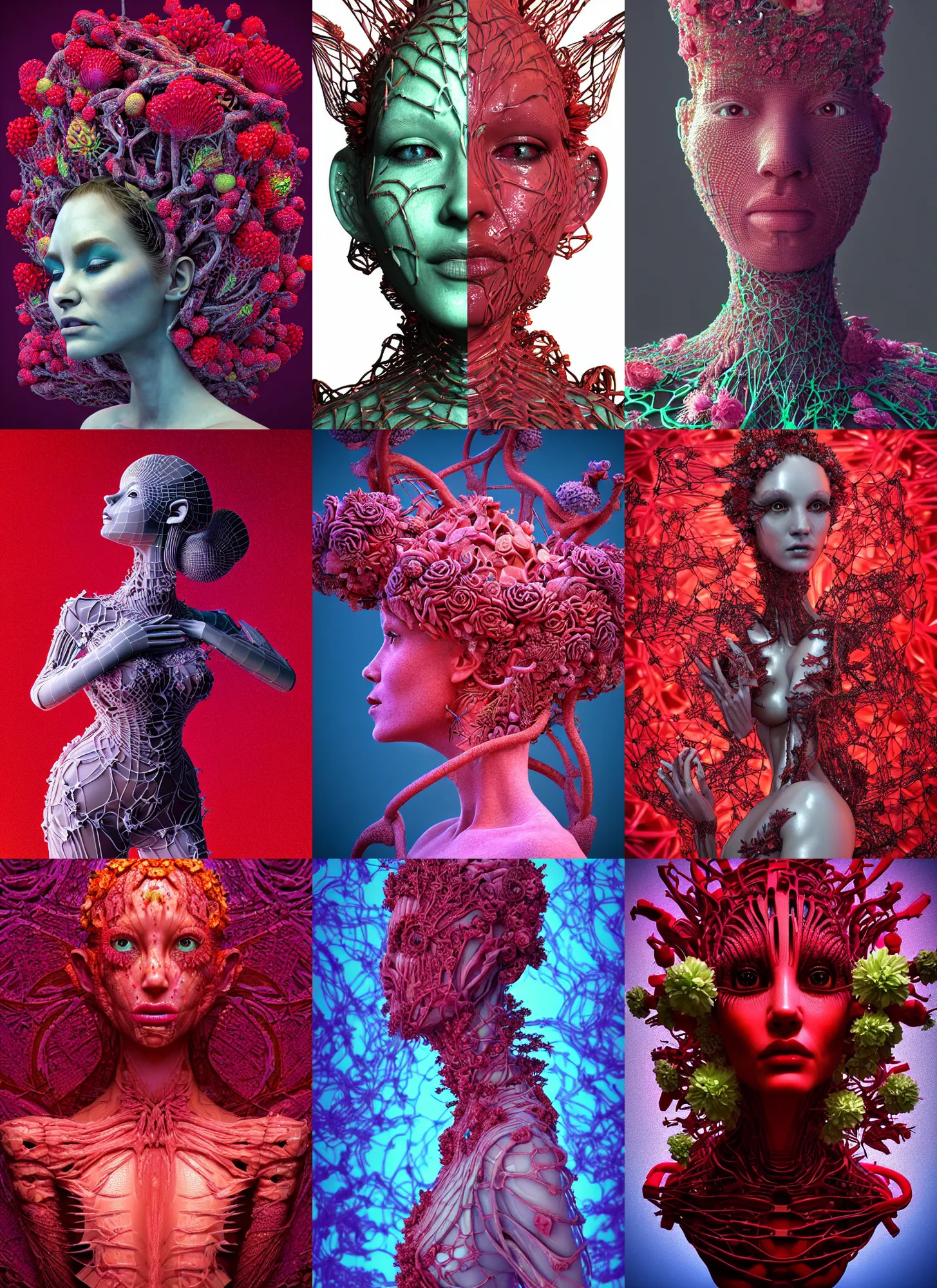 Prompt: hyper detailed 3d render like a sculpture - profile subsurface scattering (a beautiful fae princess protective playful expressive from that looks like a borg queen wearing a sundress made of flowers) seen red carpet photoshoot in UVIVF posing in caustic light pattern pool of water to Eat bite of the Strangling network of yellowcake aerochrome and milky Fruit and His delicate Hands hold of gossamer polyp blossoms bring iridescent fungal flowers whose spores black the foolish stars by Jacek Yerka, Ilya Kuvshinov, Mariusz Lewandowski, Houdini algorithmic generative render, golen ratio, Abstract brush strokes, Masterpiece, Victor Nizovtsev and James Gilleard, Zdzislaw Beksinski, Tom Whalen, Mark Ryden, Wolfgang Lettl, hints of Yayoi Kasuma and Dr. Seuss, Grant Wood, octane render, 8k