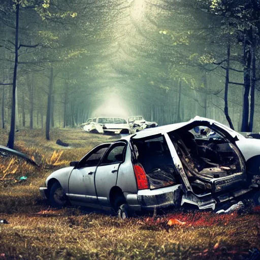 Image similar to beautiful blonde female cop walking through forest of crashed cars, wide shot, full perspective, curvy, mystery, fog, night time, starry skies.