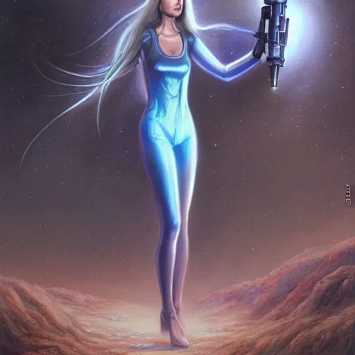 Prompt: pleiadian woman with big eyes and long silver hair wearing a dark body suit and holding a plasma gun as a sci fi character, portrait art by donato giancola and greg rutkowski, digital art, trending on artstation, standing in a barren field
