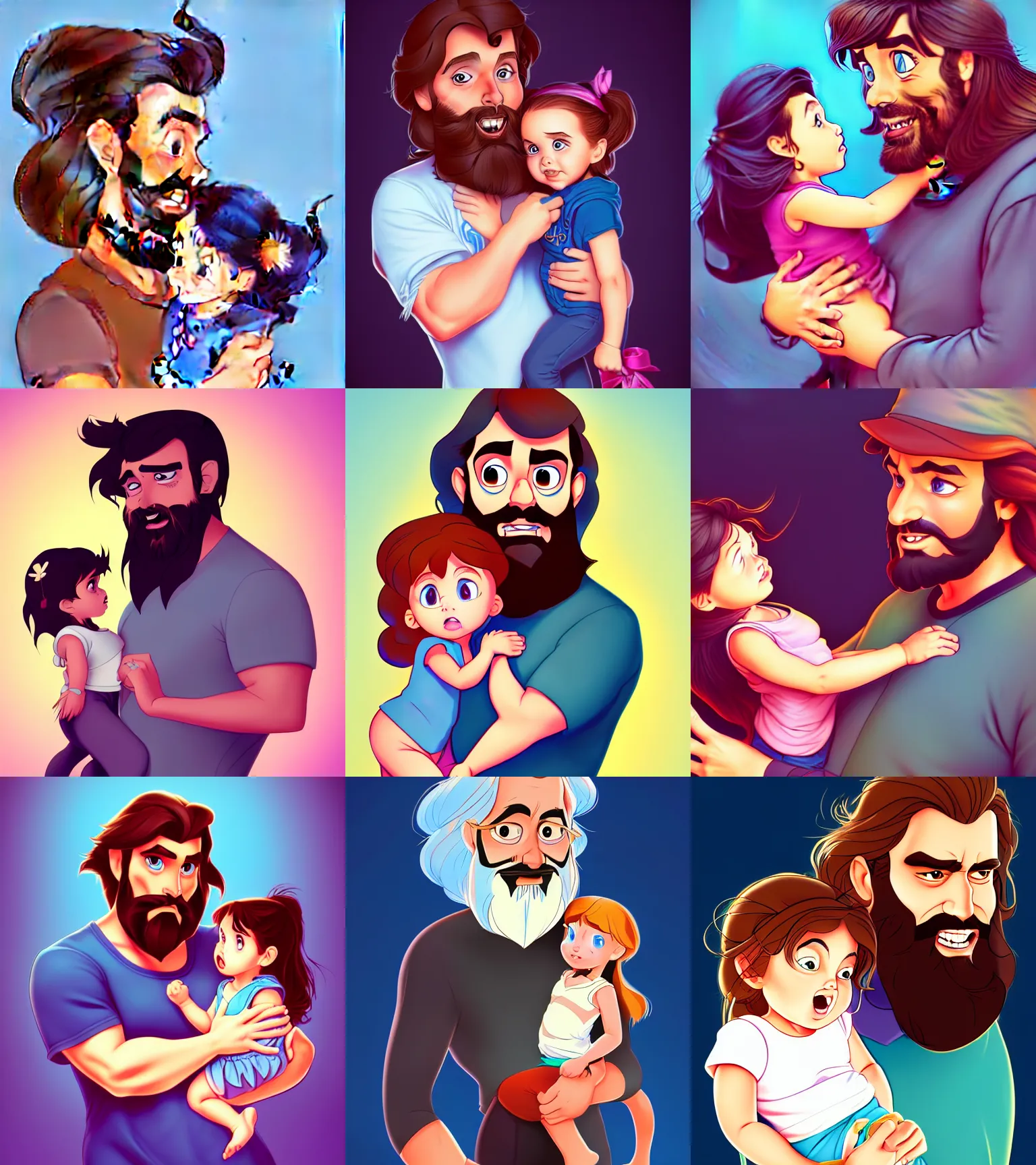 Image similar to a long - haired bearded father and his child toddler girl full color digital illustration in the style of don bluth, artgerm, artstation trending, 4 k