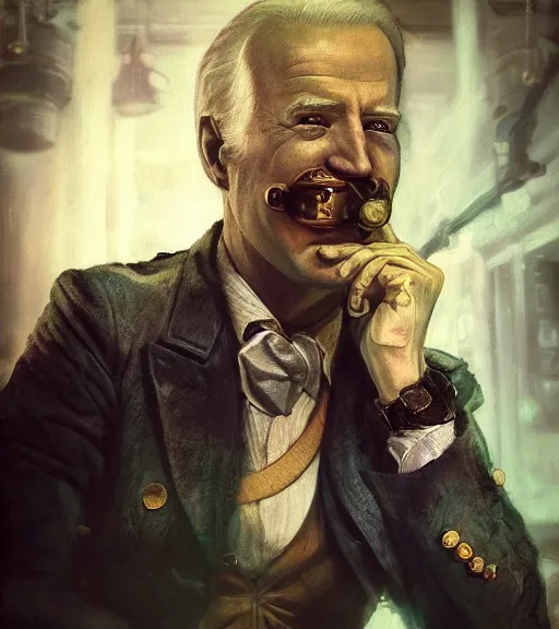 Image similar to portrait of steampunk joe biden cosplaying, by wlop, by simon stalengrad, by ilya repin, bioshock screenshot, photorealistic fan art, detailed shading, intricate abstract, steampunk, expressionism