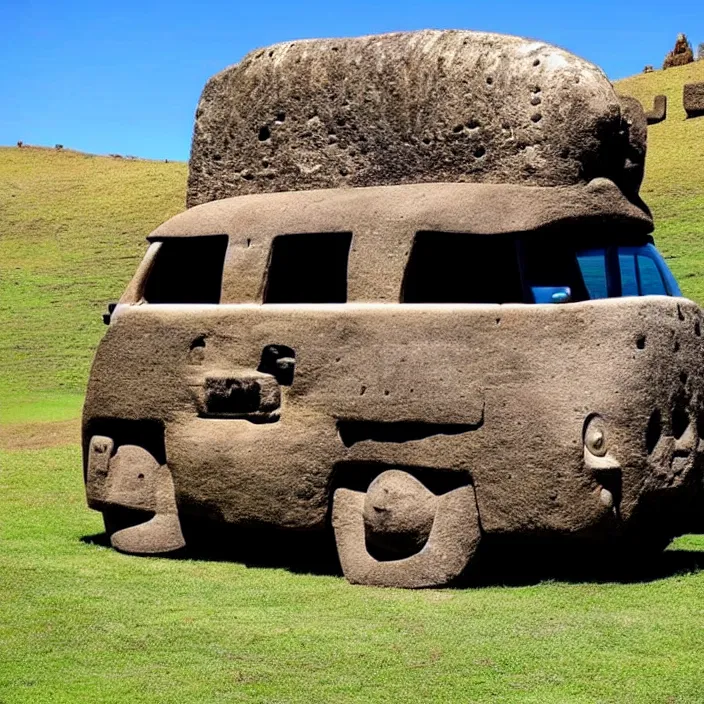 Image similar to ancient vw bus made of stone, moai from rapa nui style