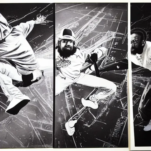 Prompt: four breakdancers battling in the bronx in 1984, by Andy Warhol, gritty, energetic, hyperrealistic, intricate, Moody lightning, trending on artstation