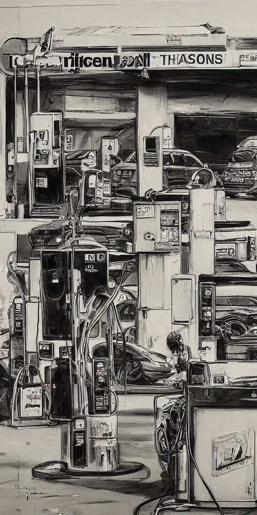 Image similar to oil painting scene from gas station by kim jung gi