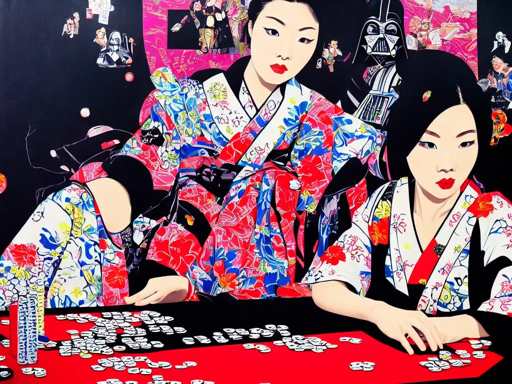 Image similar to hyperrealism composition of the detailed woman in a japanese kimono sitting at an extremely detailed poker table with darth vader, fireworks on the background, pop - art style, jacky tsai style, andy warhol style, acrylic on canvas