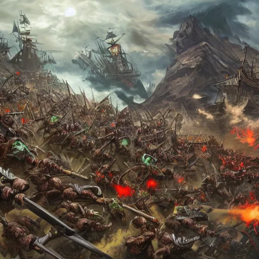 Image similar to wide landscape shot of warhammer orcs fighting pirate vampires, trending on artstartion