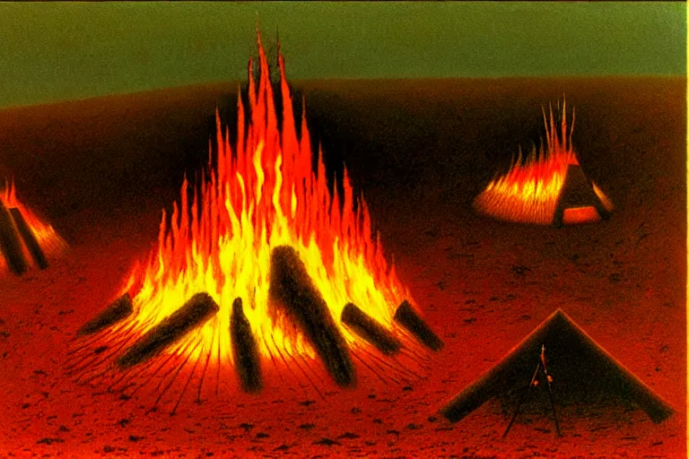 Prompt: zdzisław beksinski painting of a campsite with bonfire