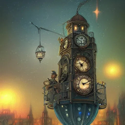 Image similar to a beautiful stunning fantasy whimsical matte digital illustration of a scene of a steampunk! hot - air balloon over a lit steampunk! city at night by marc simonetti, pastel color palette, disney magic the gathering steampunk!!!, chiaroscuro magical! bokeh moon stars dramatic romantic! epic breathtaking, clock tower,, trending on artstation hq, masterpiece