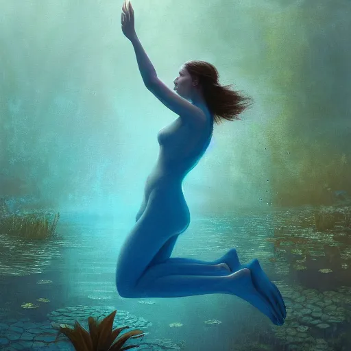 Prompt: Woman with light blue melancholic eyes submerged in a pond underwater while lily pads surround the area, illustrated by Greg Rutkowski and Gaston Bussiere, overhead shot, big closeup shot, serene and peaceful style, mellow sky blue lighting, vibrant neon colors, radiant atmosphere, trending on artstation, 4k, 8k