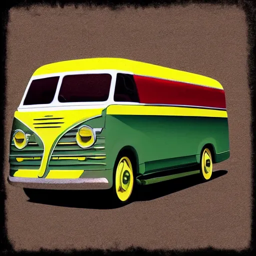 Image similar to retro painting illustration of a volswagen van, 2 d, pastel color, green, yellow, red, retro style art, trendy on artstation