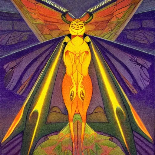 Image similar to the moth kingdom, by leo and diane dillon and nicholas roerich, dramatic lighting, god rays, smooth, sharp focus, highly detailed